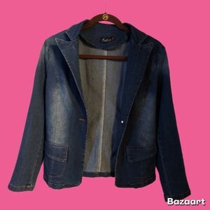 Womens Fashion Collection NWOT Blue Denim Lapel Collar Sz L Orange Trim